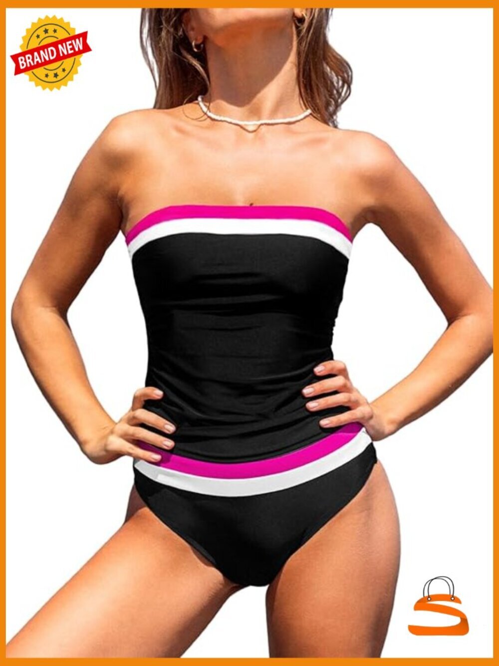 Women's Tankini Two Piece Swimsuit Square Neck Bandeau Top Boyshort Bottom